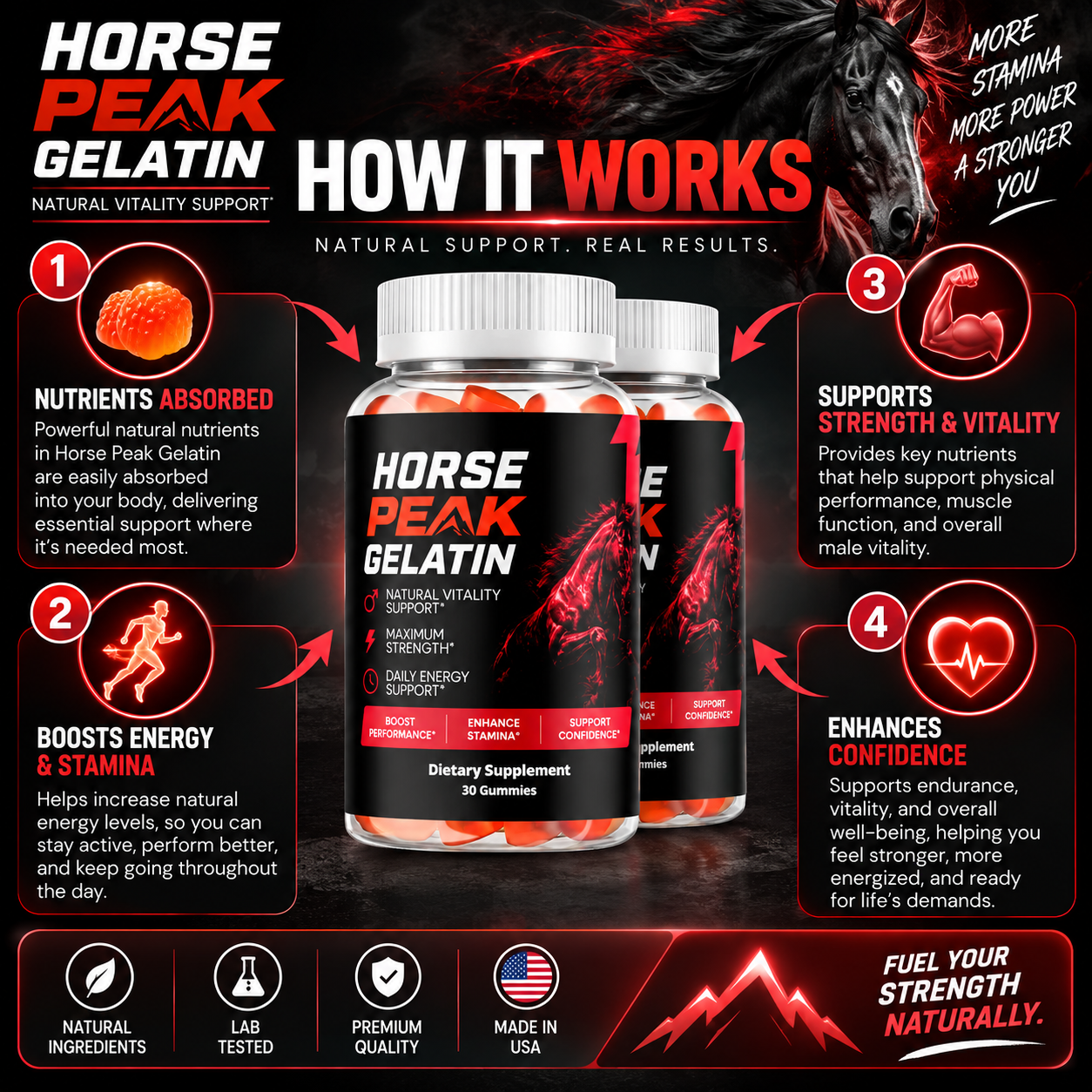 How Horse Peak Gelatin works: take daily, nutrients absorbed, boost energy and vitality